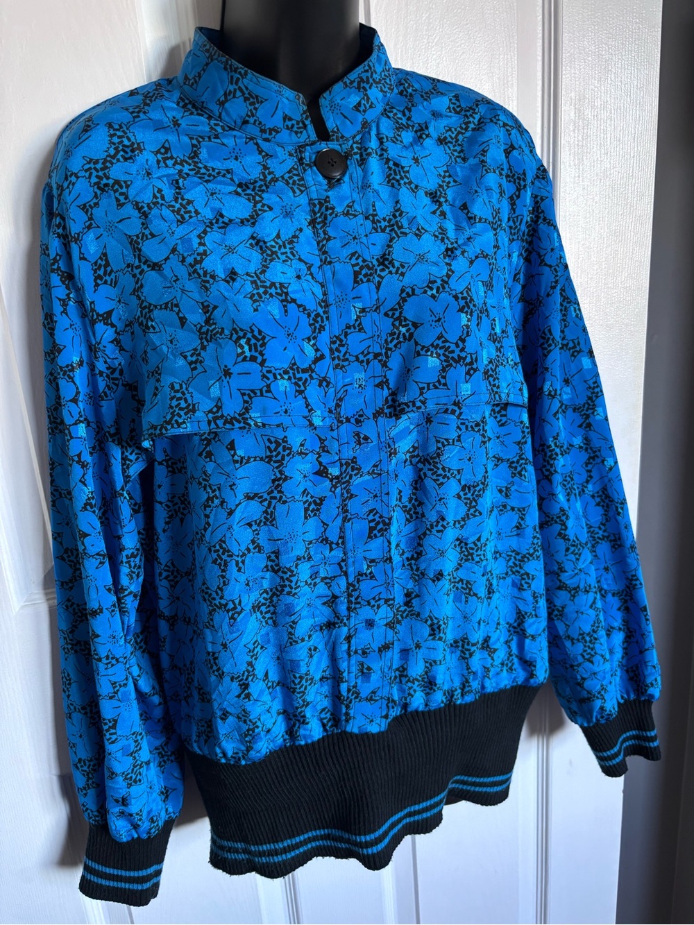 Vintage 80s B.G.B. Ltd Floral Bomber Blouse Jacket Blue Black Size 16